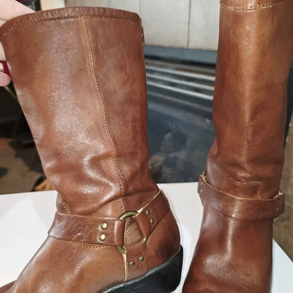 FRYE PHILLIP HARNESS Sz4 Vintage Youth Cognac Brown Zip Up Distressed Tall Boots